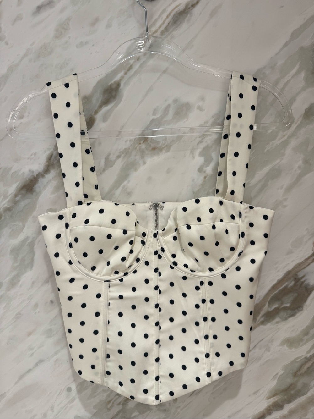 Runaway Label  Bustier Crop Top White with Black Dots and long Skirt. NWT